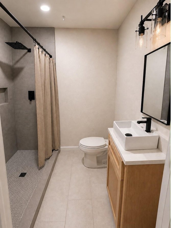 A Houston bathroom after refinishing, with warm walls, large-format tile and black fixtures