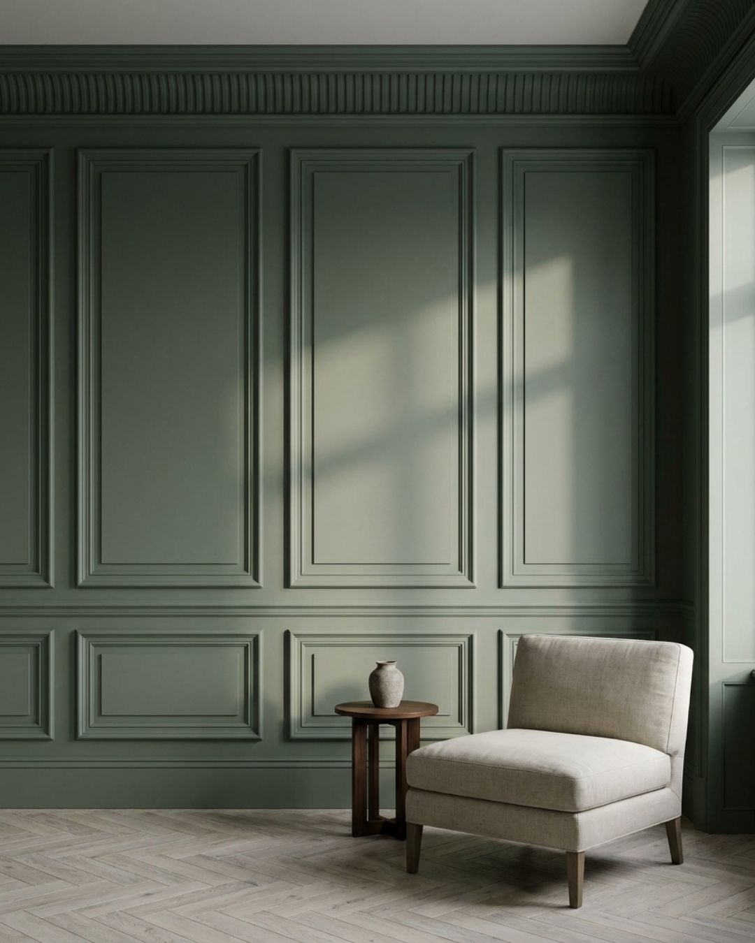 A panelled wall painted in a deep sage green with a deep cornice, light raking across the moulding