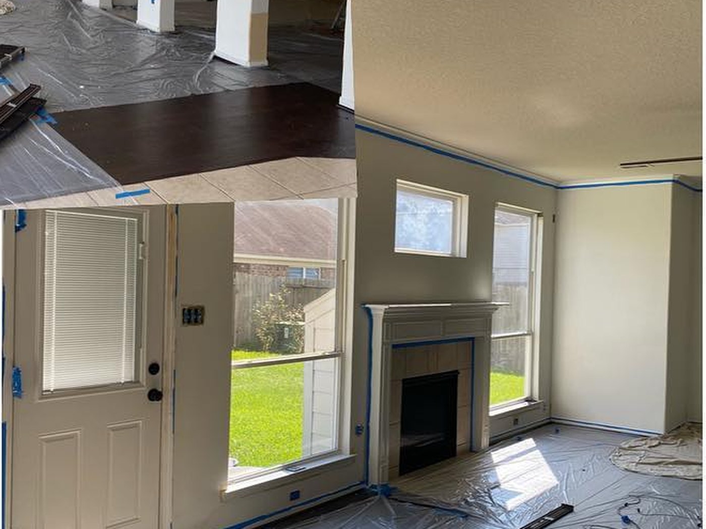 Living room mid-repaint with the fireplace taped off and the floor under plastic