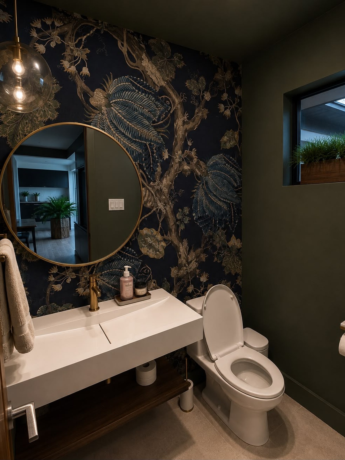 The same powder bath with a dark botanical wallpaper on the accent wall and deep green paint on the other walls and ceiling
